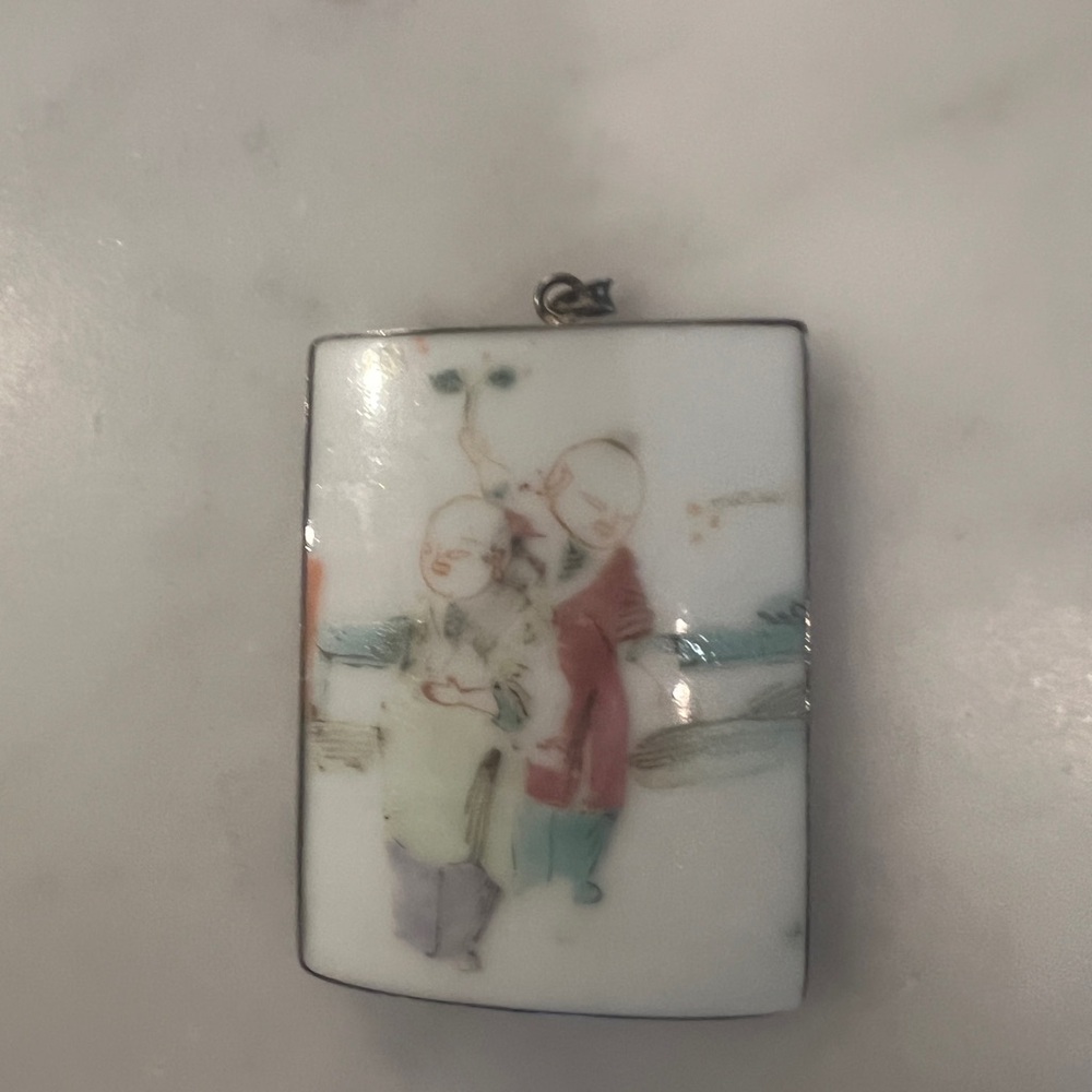 Vintage Chinese Hand Painted Porcelain Shard Pendant Sterling Silver Art-to-Wear